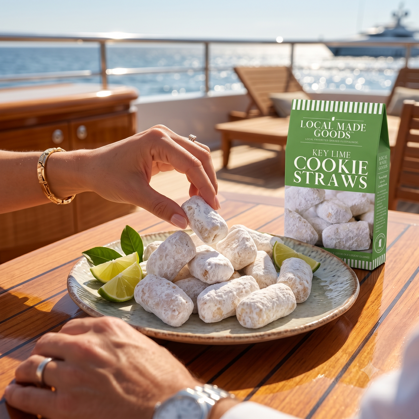 Key Lime Shortbread Cookie Straws scattered on a wood board, 1 oz box