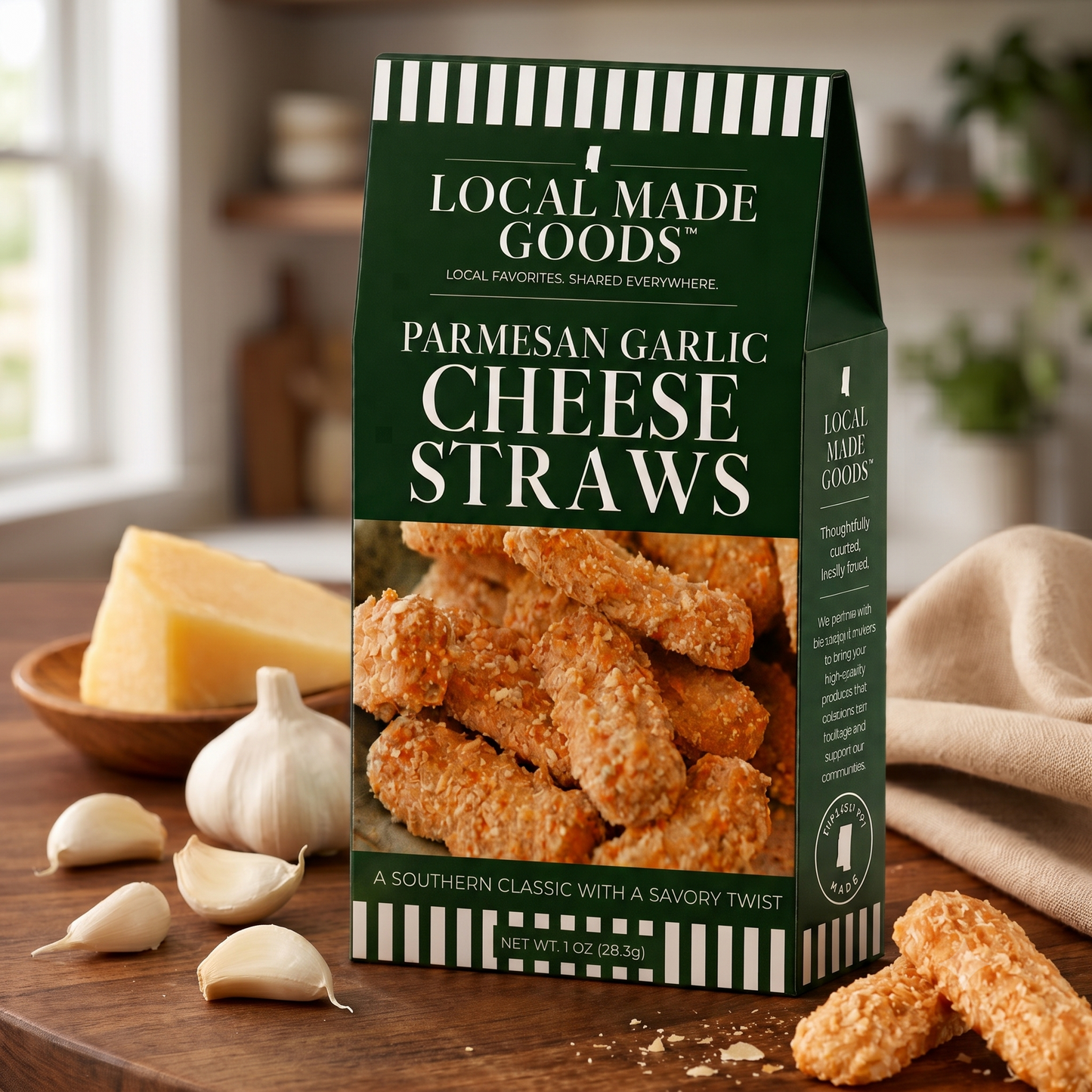 Parmesan Garlic Cheese Straws scattered on a wood board, 1 oz box