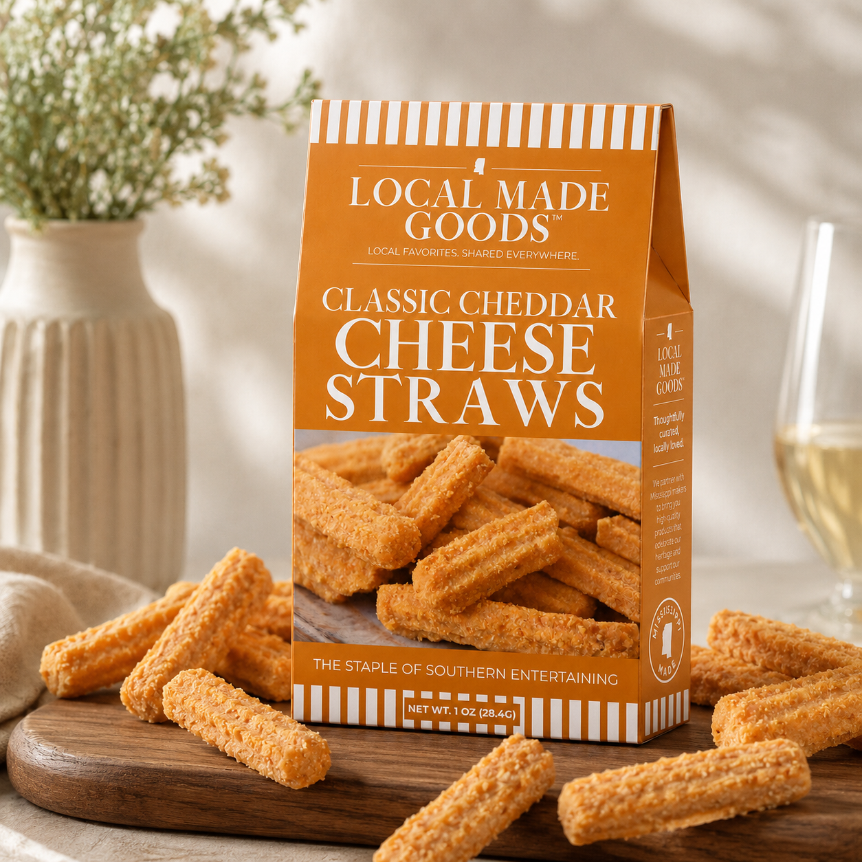 Classic Cheddar Cheese Straws scattered on a wood board, 1 oz box