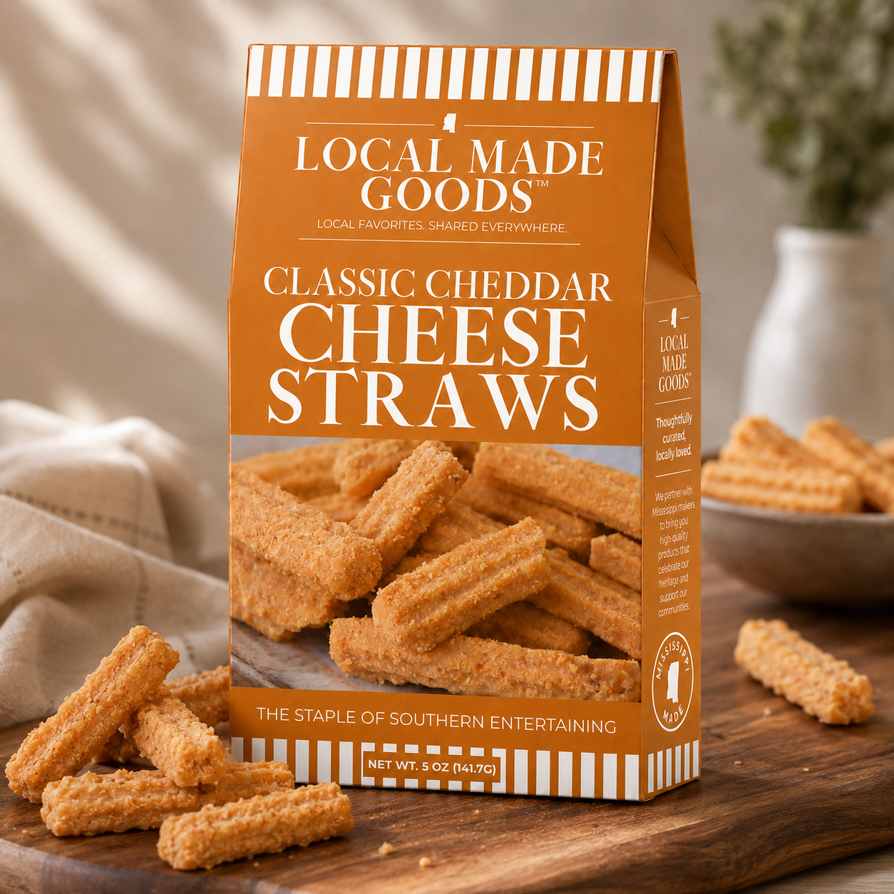 Classic Cheddar Cheese Straws scattered on a wood board, 5 oz box