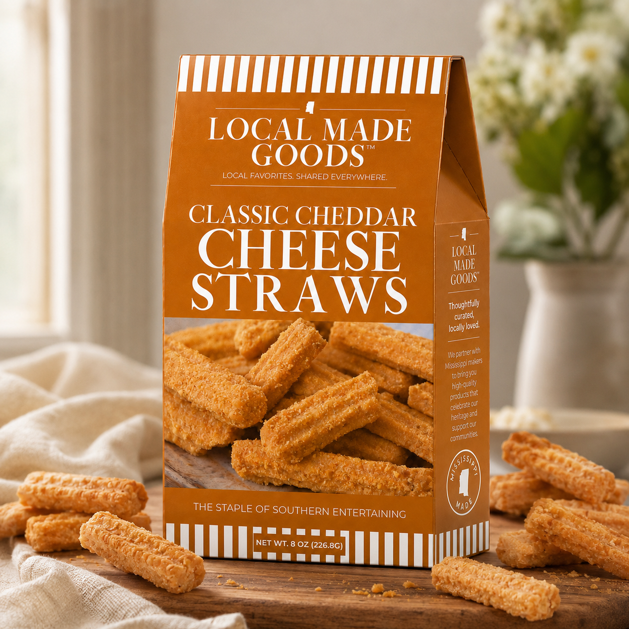 Classic Cheddar Cheese Straws scattered on a wood board, 8 oz box