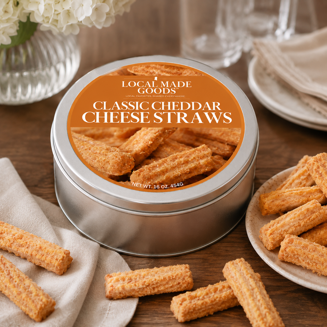 Classic Cheddar Cheese Straws 16 oz gift tin styled lifestyle photo