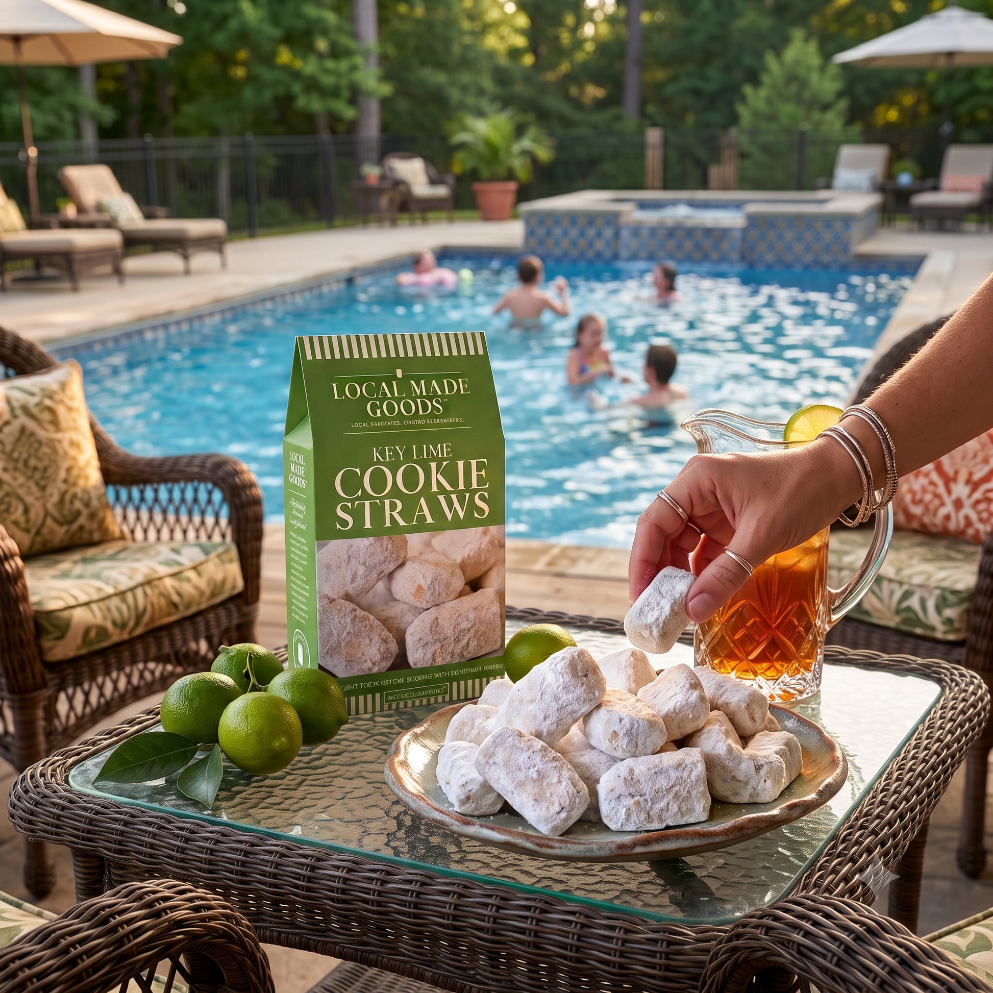 Key Lime Shortbread Cookie Straws scattered on a wood board, 5 oz box