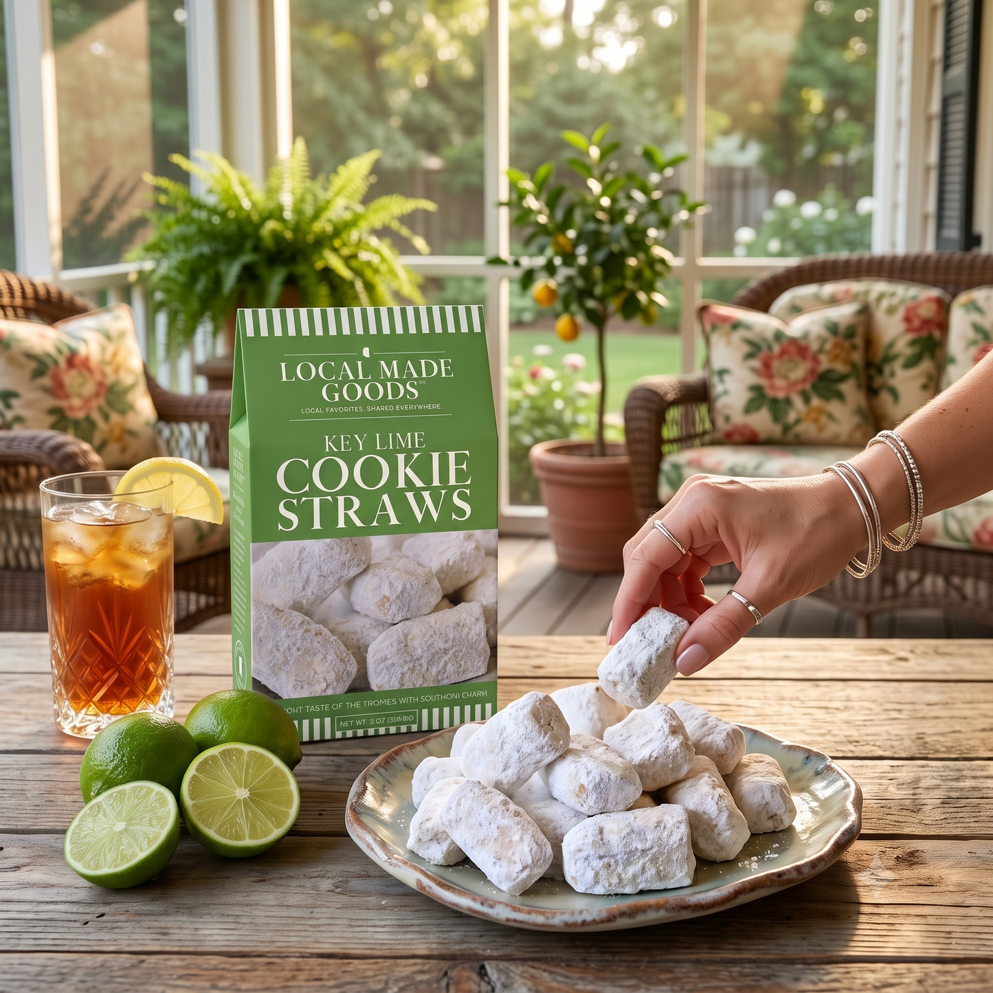 Key Lime Shortbread Cookie Straws scattered on a wood board, 8 oz box