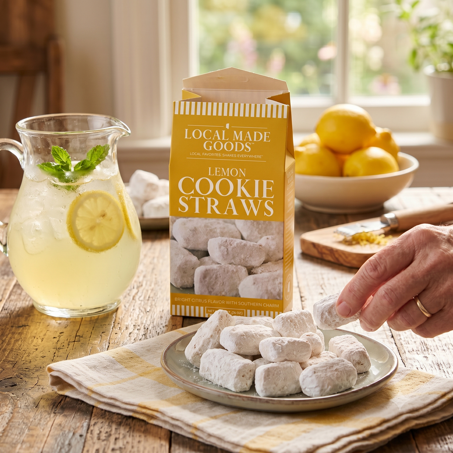 Lemon Shortbread Cookie Straws scattered on a wood board, 5 oz box