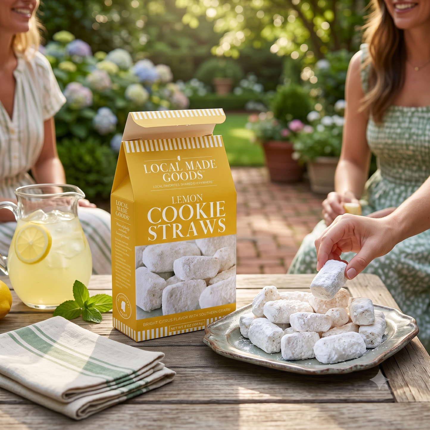 Lemon Shortbread Cookie Straws scattered on a wood board, 8 oz box