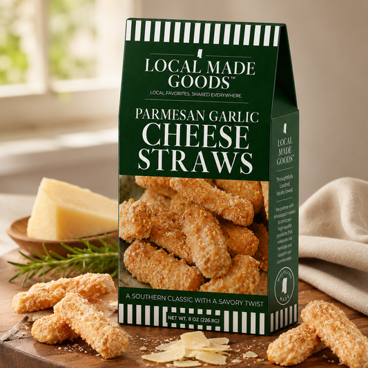 Parmesan Garlic Cheese Straws scattered on a wood board, 8 oz box