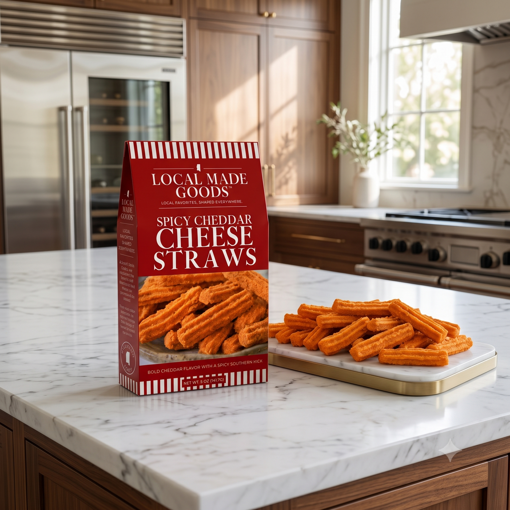Spicy Cheddar Cheese Straws scattered on a wood board, 5 oz box