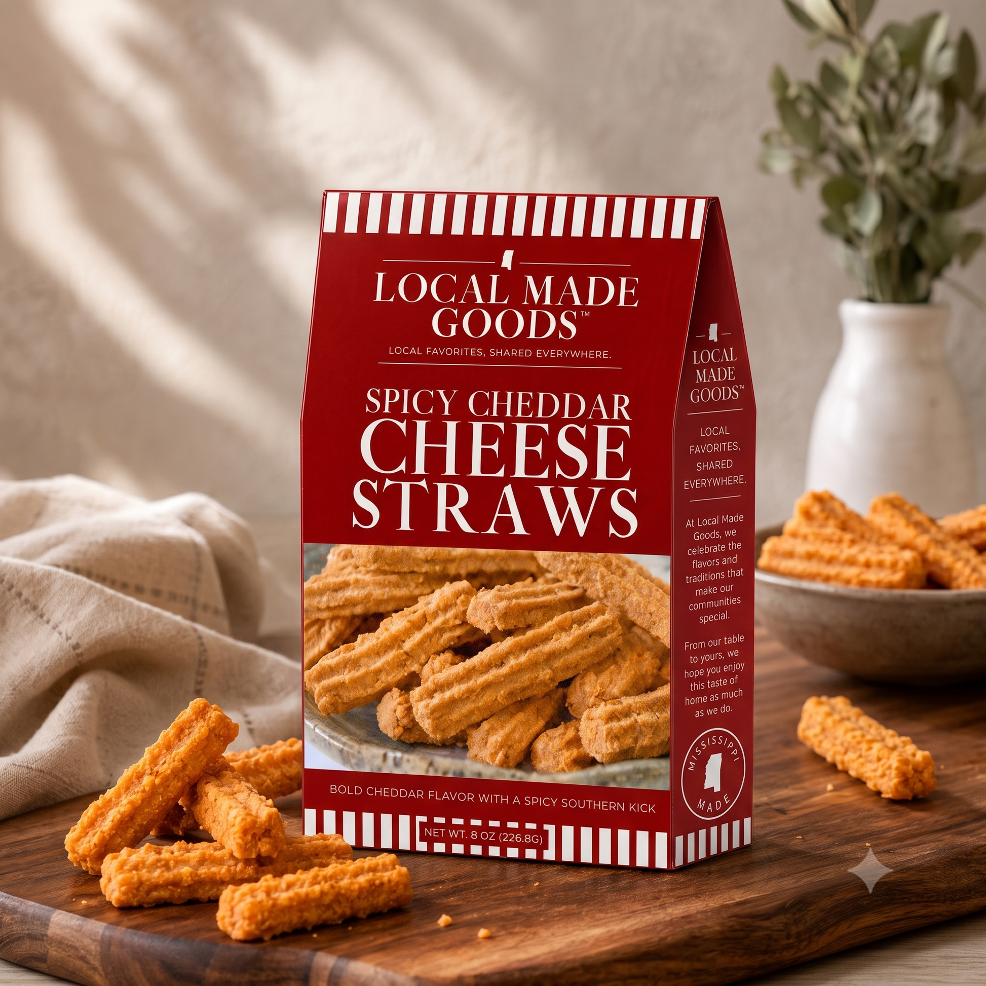Spicy Cheddar Cheese Straws scattered on a wood board, 8 oz box